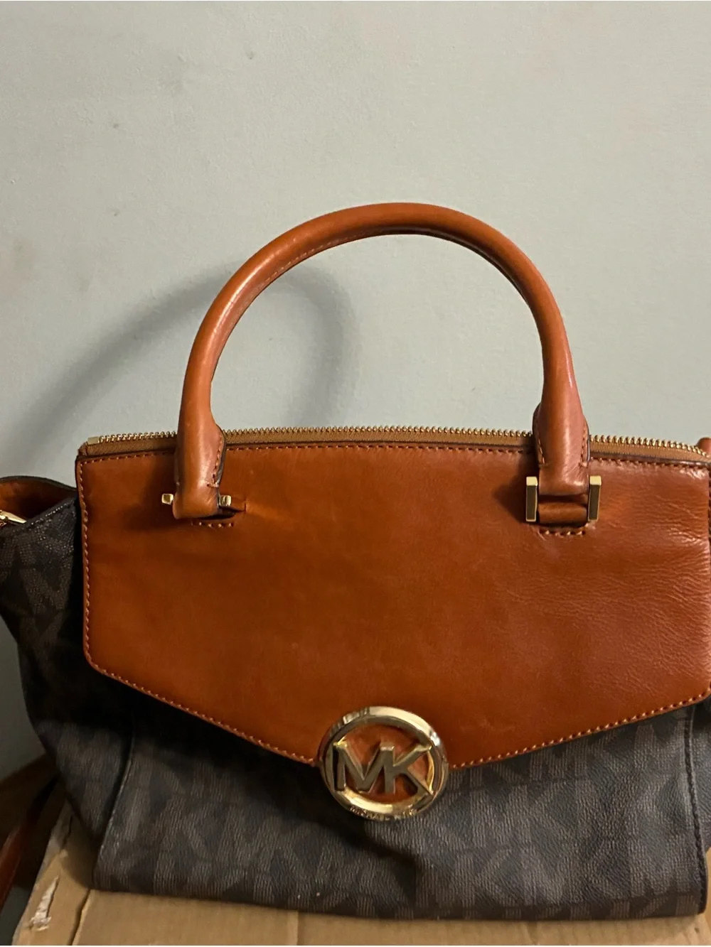 Michael Kors Brown Leather and Monogram Satchel with Gold Hardware